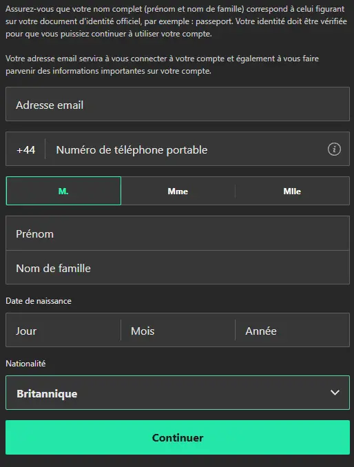 Processus d'inscription casino BET365 FRANCE